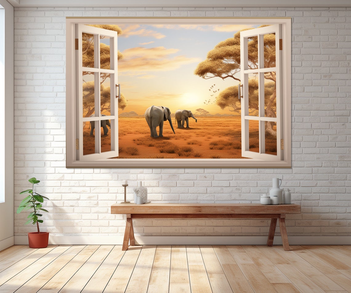 African Savannah Sunset Elephants Open Window Acacia Trees Wall Poster