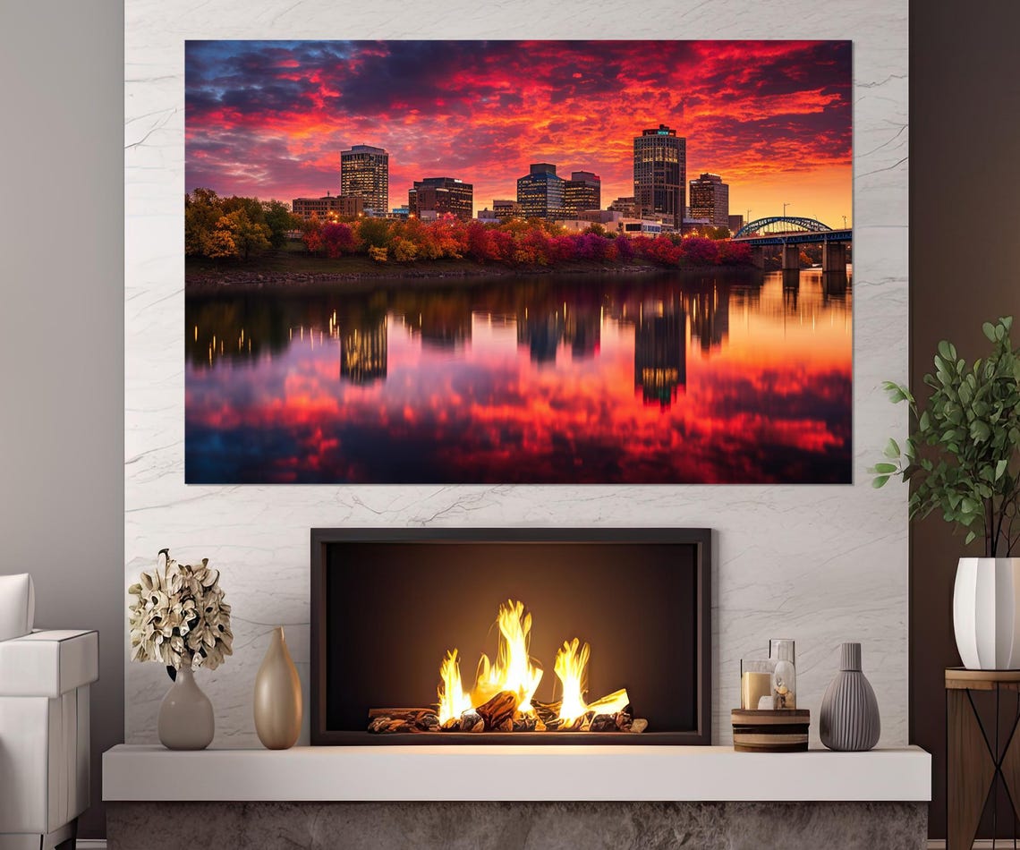 Little Rock Skyline Fiery Sunset River Reflection Arkansas Poster