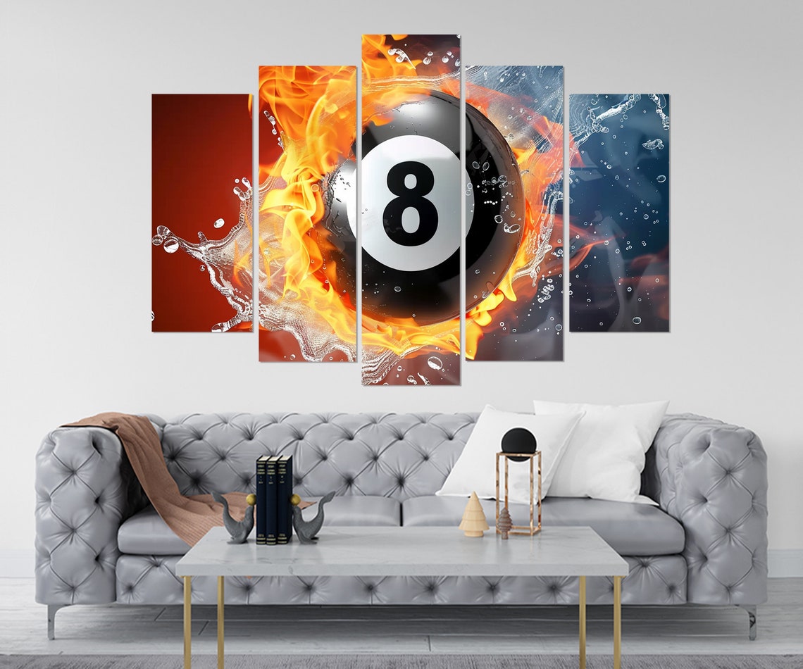 Flaming 8 Ball Billiards Fire Water Splash Split Canvas Wall Poster - Image 4