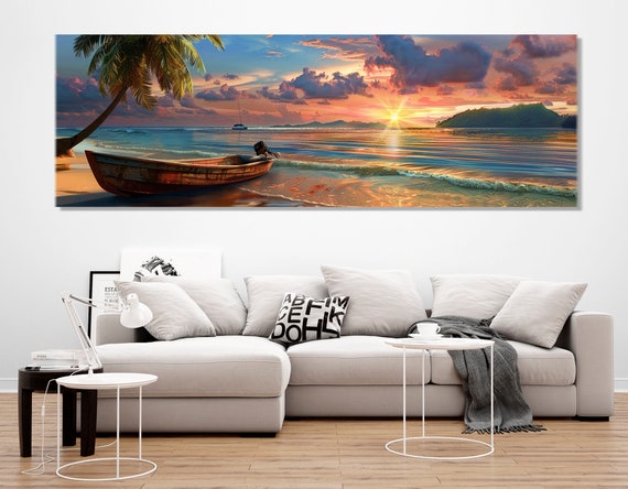 Beach Sunset Print Old Fishing Boat Painting Vintage Boat Wall Art Tropical Sunset Art Framed And Ready To Hang
