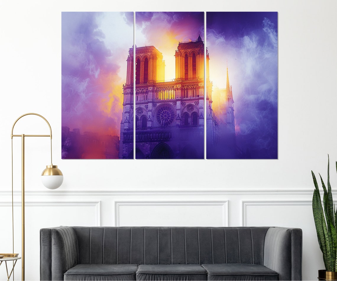 Notre Dame Paris Cathedral Sunset Purple Orange Clouds Glowing Poster - Image 4