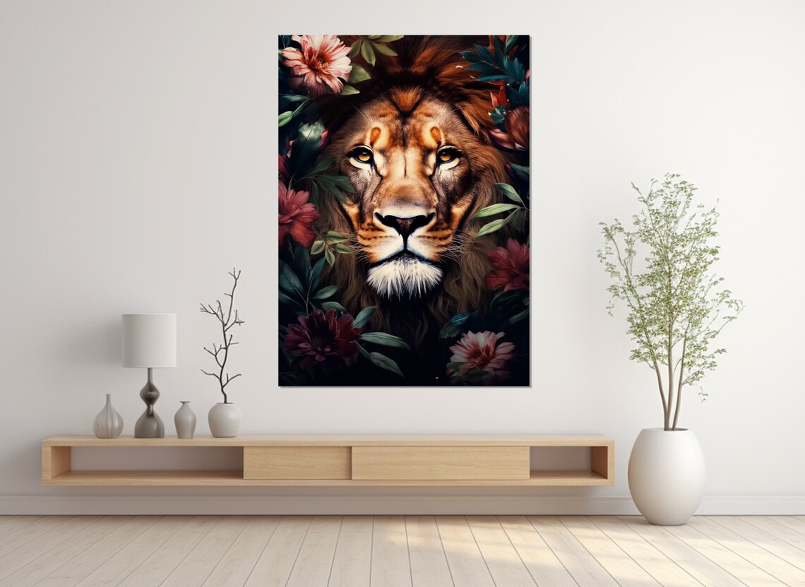 Lion Face Among Tropical Flowers Bold Floral Wildlife Portrait Wall Art - Image 4