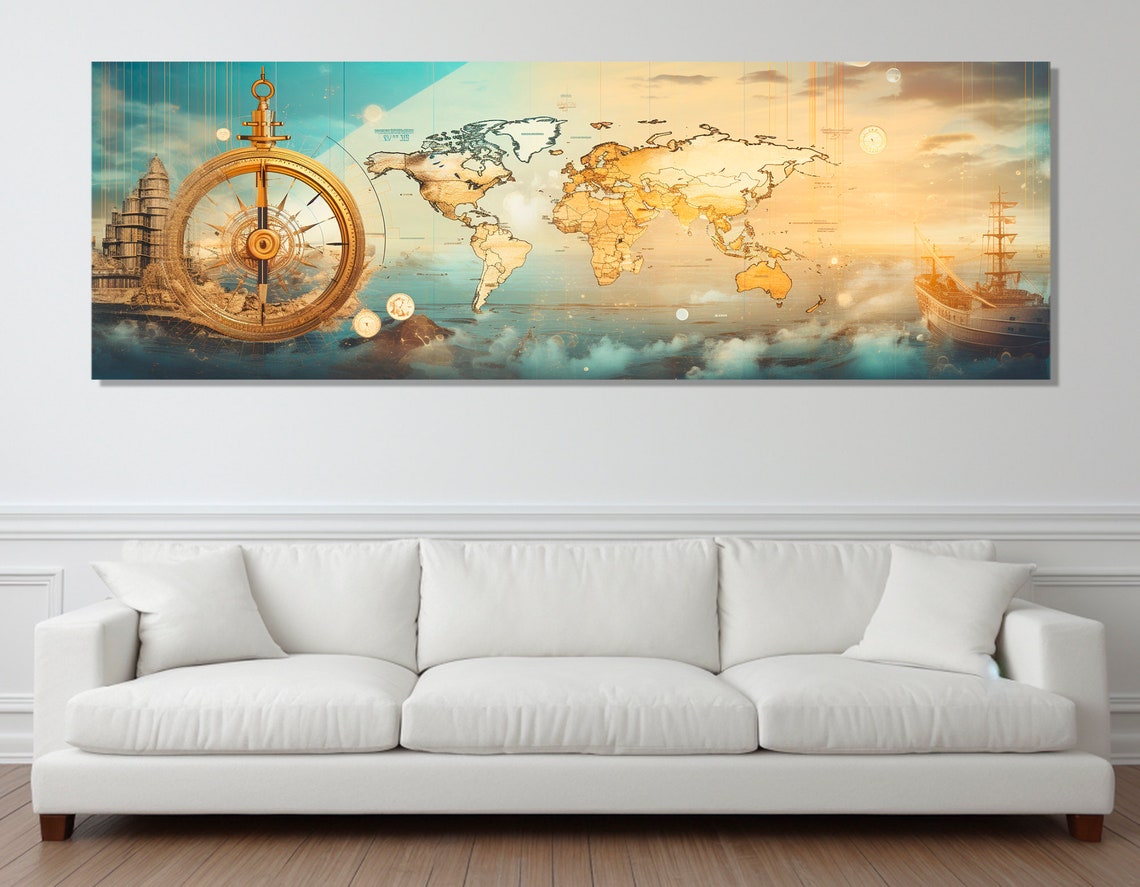 Vintage World Map Golden Compass Sailing Ship Travel Wall Poster