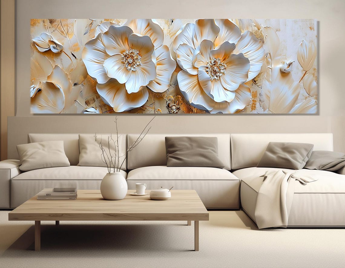 Luxury White Flowers Gold Tones 3D Relief Effect Panoramic Poster - Image 3
