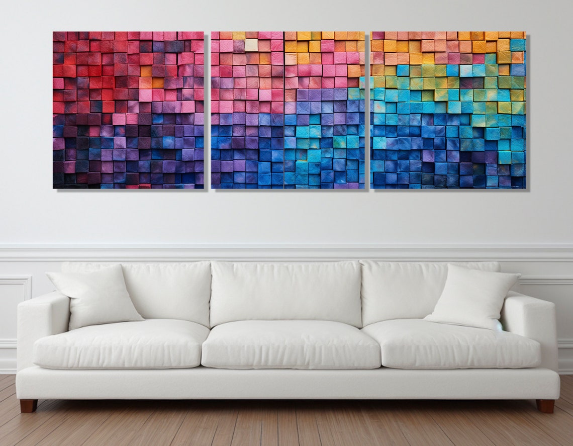 Colorful 3D Mosaic Tile Gradient Sunset To Ocean Abstract Art Poster - Image 4