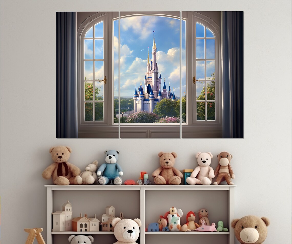 Open Window Fairytale Castle View Pink Princess Room Kids Nursery Wall Poster - Image 4