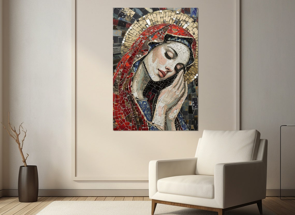 Virgin Mary Mosaic Portrait Praying Hands Halo Religious Decor Poster - Image 3