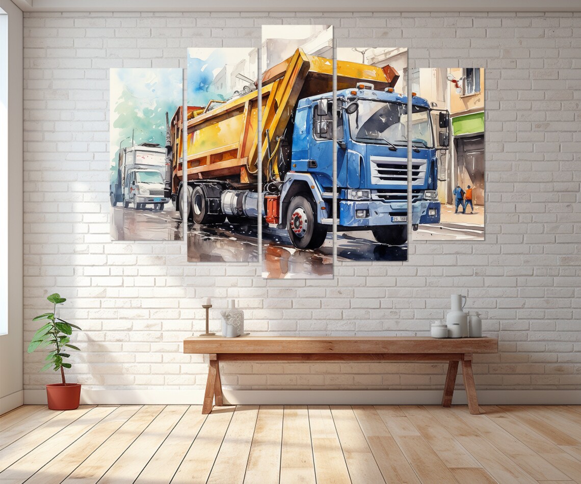 Blue And Yellow Garbage Truck Watercolor City Street Painting Poster - Image 3