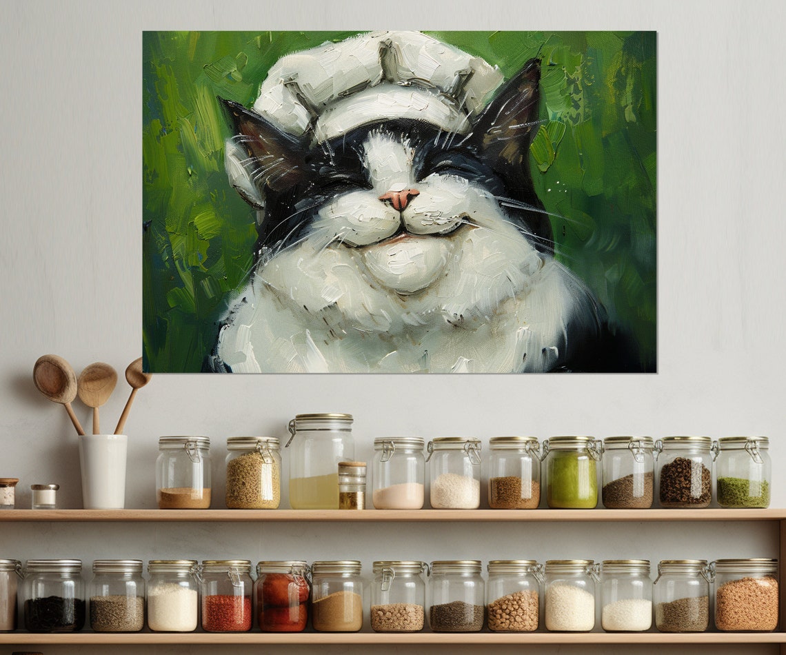 Smiling Tuxedo Cat Chef Hat Oil Painting Green Kitchen Wall Poster