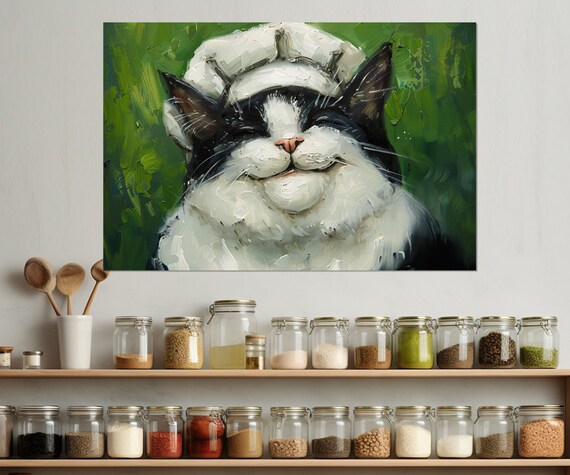 Smiling Tuxedo Cat Chef Hat Oil Painting Green Kitchen Wall Poster