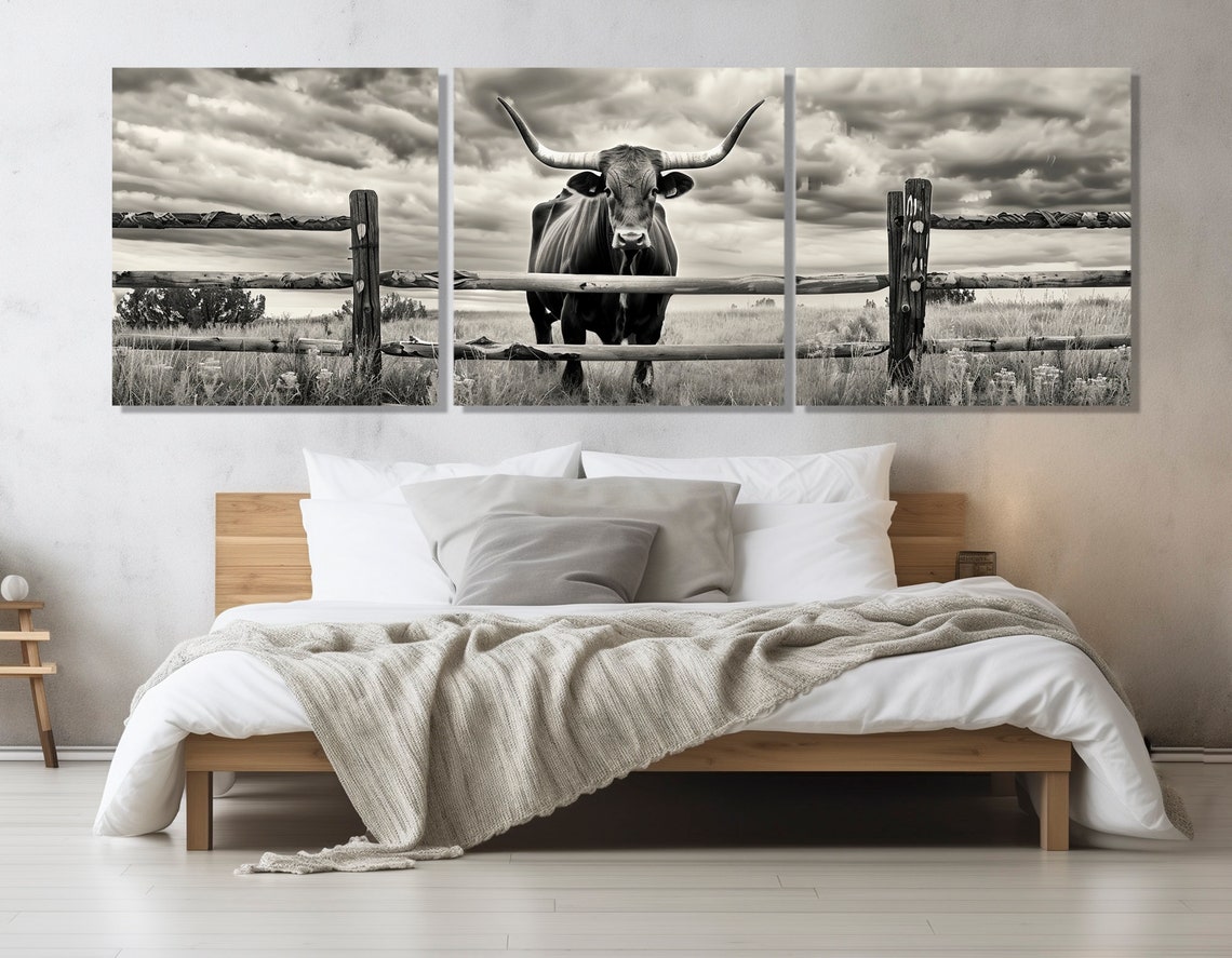 Texas Longhorn Bull Rustic Fence Stormy Sky Black White Farm Poster