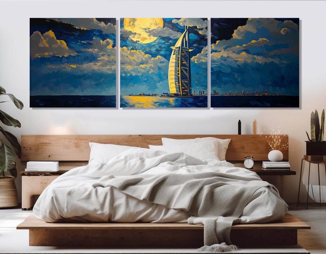 Dubai Burj Al Arab Night Sky Moon Triptych Oil Painting Travel Poster