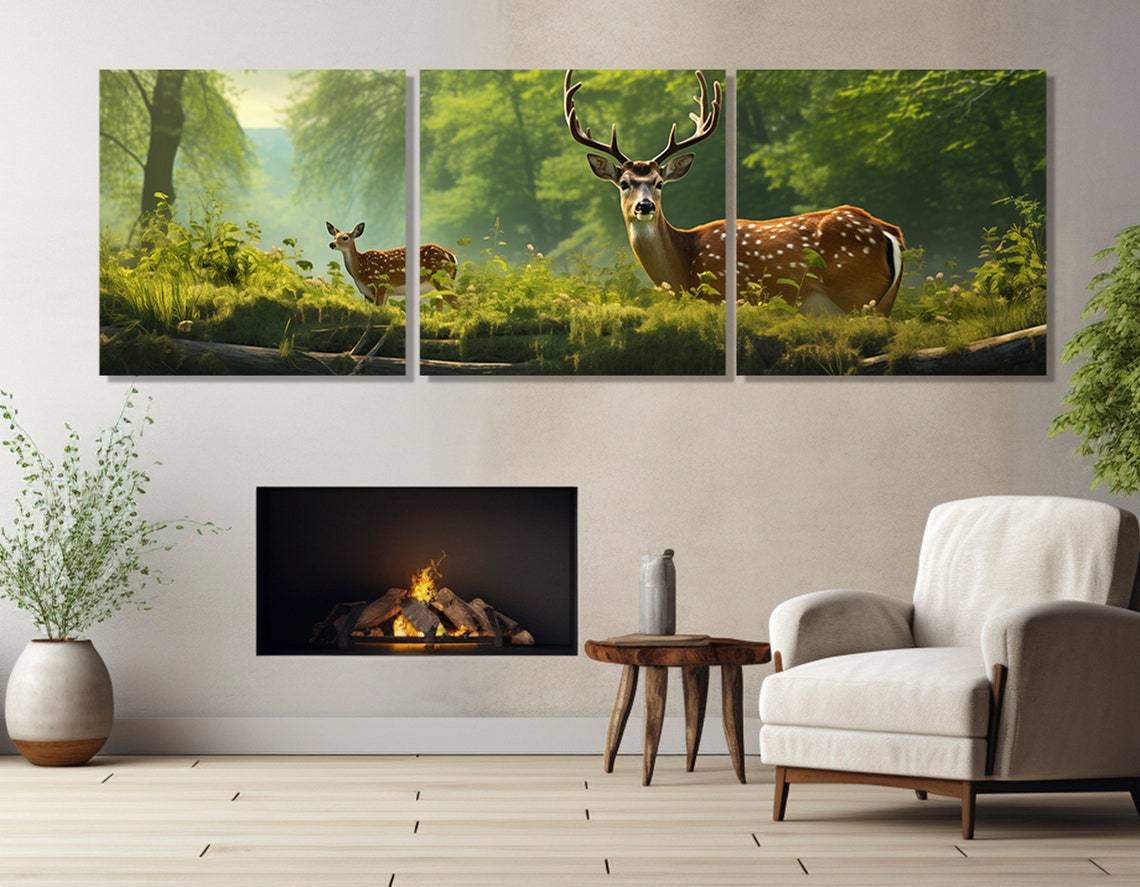 Mother Deer With Fawn In A Forest Painting Print Deers Family Painting Family Wall Art Forest House Decor Framed Ready To Hang - Image 4