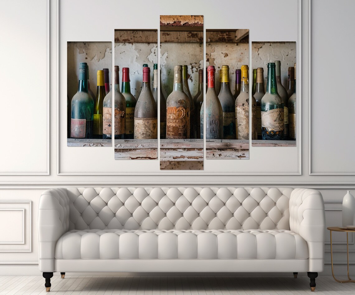 Old Dusty Wine Bottles Rustic Cellar Shelf Vintage Faded Labels Art Print - Image 2