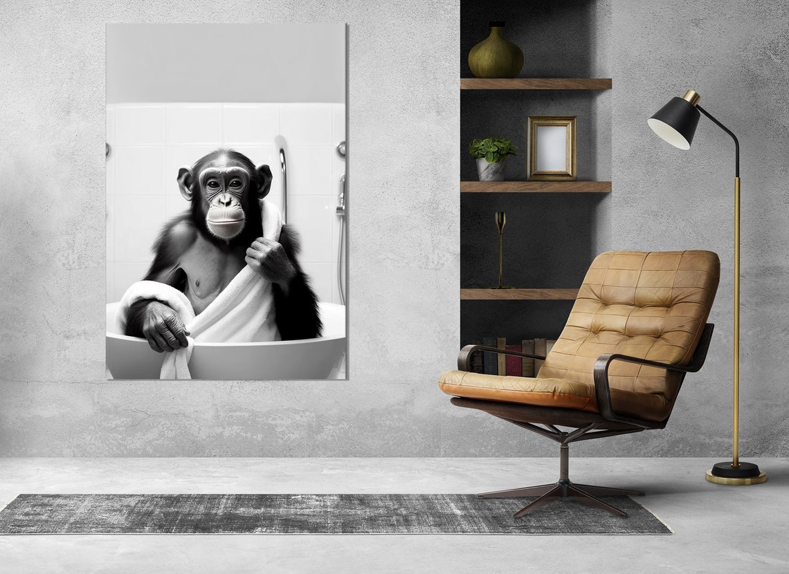 Chimpanzee In Bathtub Black And White Funny Bathroom Wall Art Poster - Image 3
