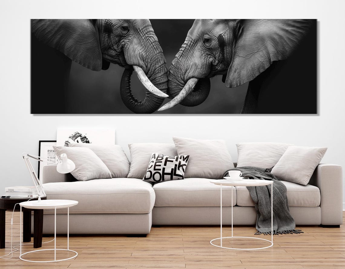 Two Elephants Head To Head Black And White Wildlife Panoramic Poster - Image 2