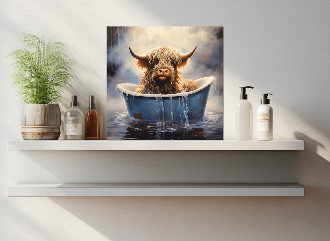 Highland Cow Calf Bathing In A Blue Vintage Bathtub Rain Shower Poster - Image 3