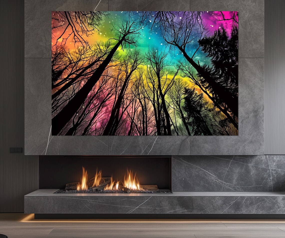 Colorful Forest Trees Painting, Nature Wall Art Print