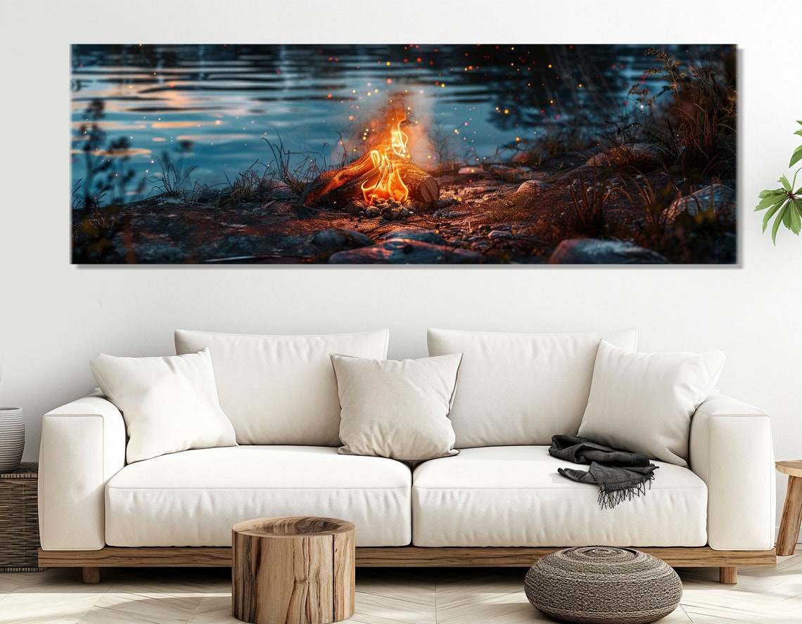 Campfire Bonfire Rocky Lakeshore Dusk Blue Water Sparks Night Poster - Image 2