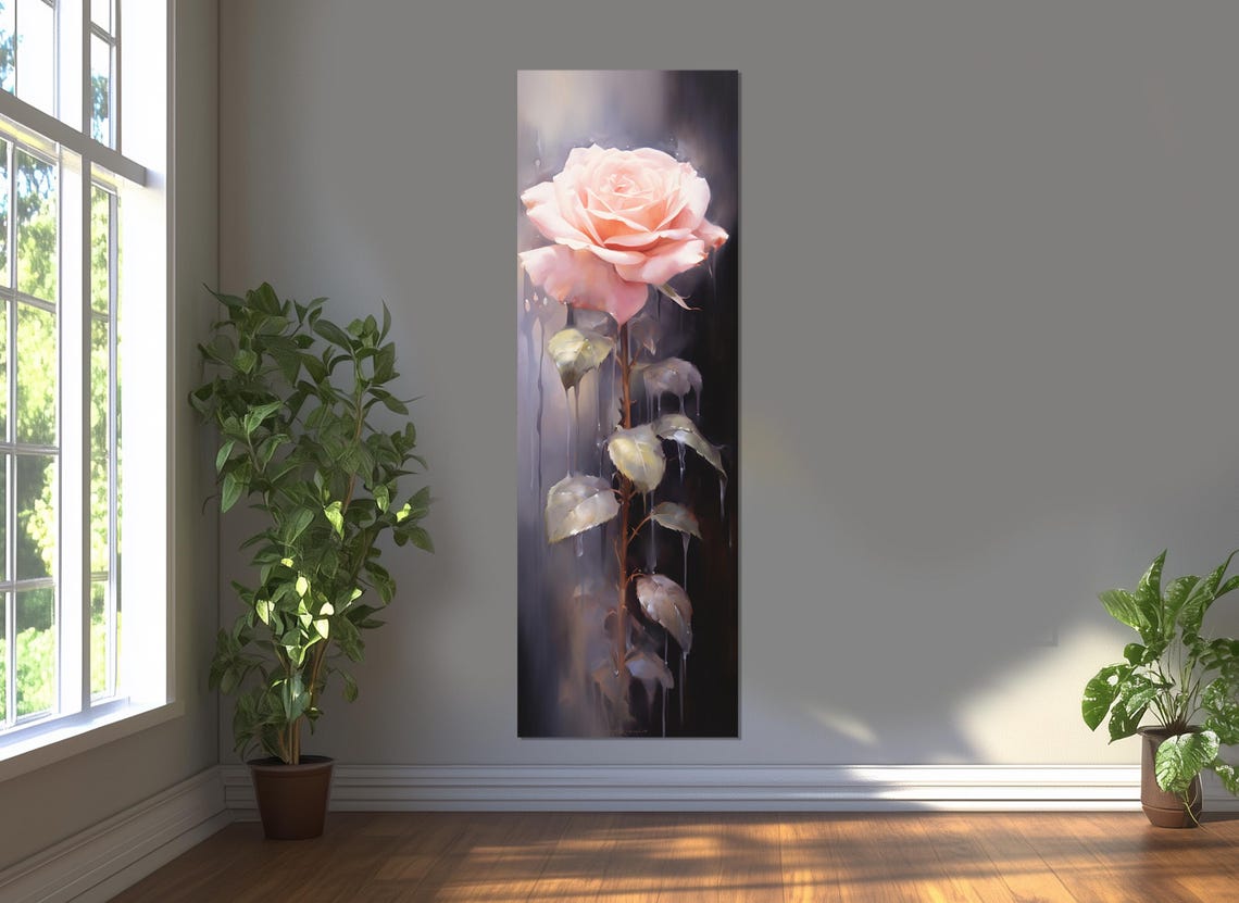 Blush Pink Rose Dark Moody Botanical Single Bloom Vertical Art Poster - Image 4