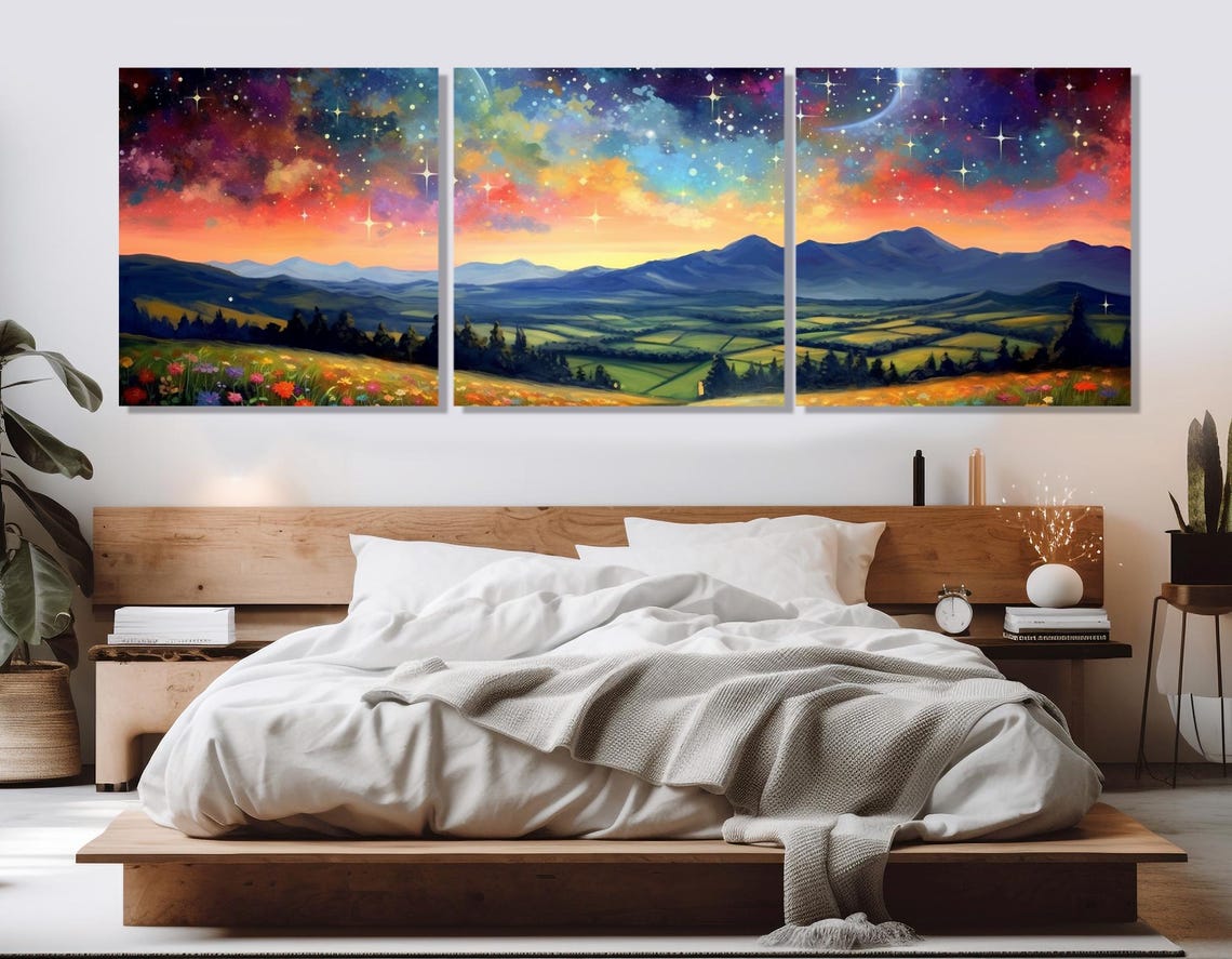 Starry Galaxy Night Sky Over Mountain Valley Meadow Panorama Poster - Image 4