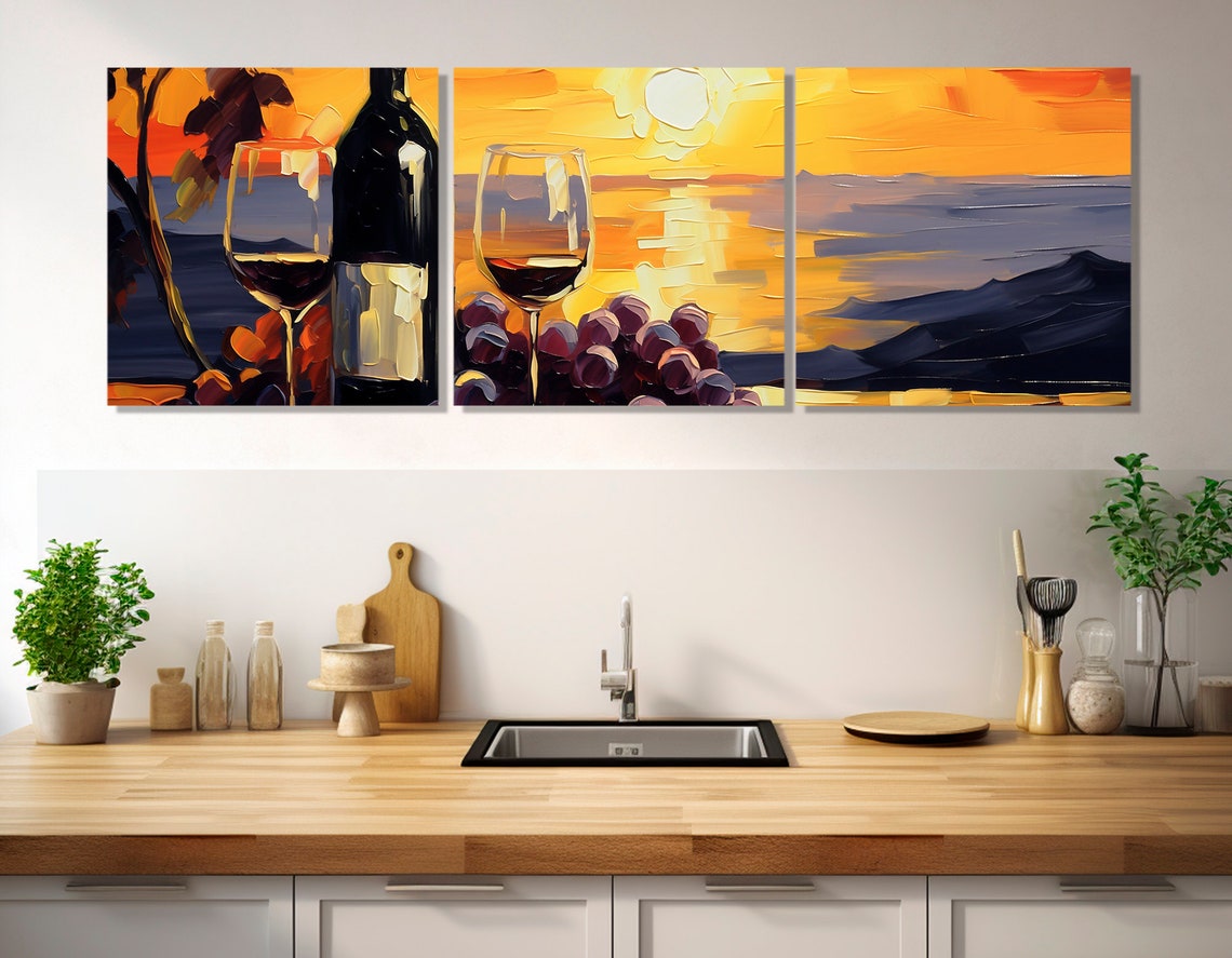 Wine Bottle Glasses Grapes Sunset Impasto Painting Kitchen Art Print - Image 4