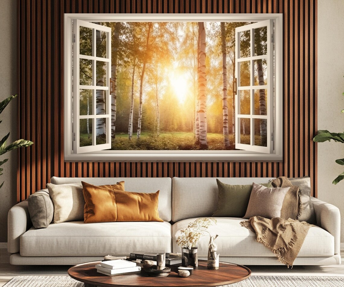 Open Window With Birch Forest Print Balkan Window View Painting Birch Forest On Sunset Painting Framed And Ready To Hang