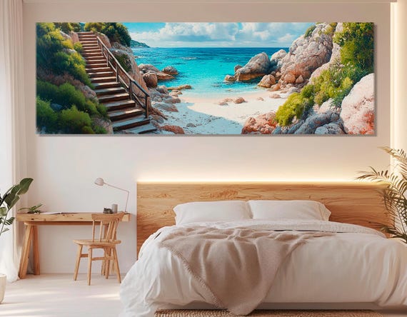 Stairway To Beautiful Beach Oil Painting Print Abstract Beach Wall Art Panoramic Tropical Beach Painting Framed And Ready To Hang