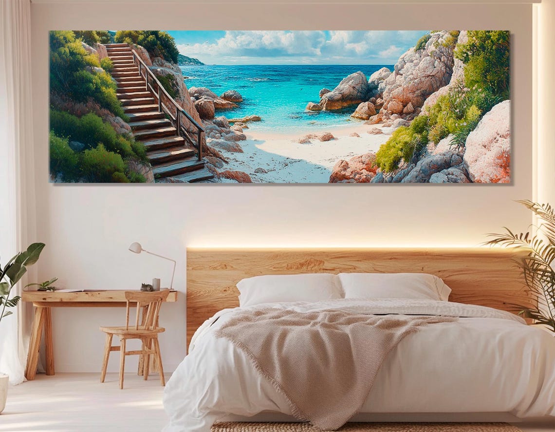 Rocky Cove Beach Long Stairway Turquoise Water Panoramic Art Poster