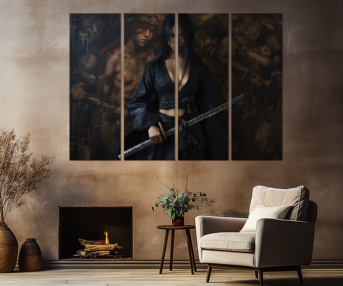 Fierce Samurai Woman In Black Kimono Holding A Katana Poster - Image 2