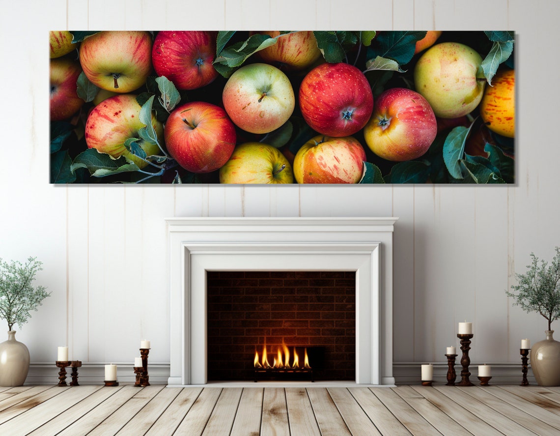 Fresh Red And Yellow Apples Branch Green Leaves Kitchen Wall Art Print - Image 2