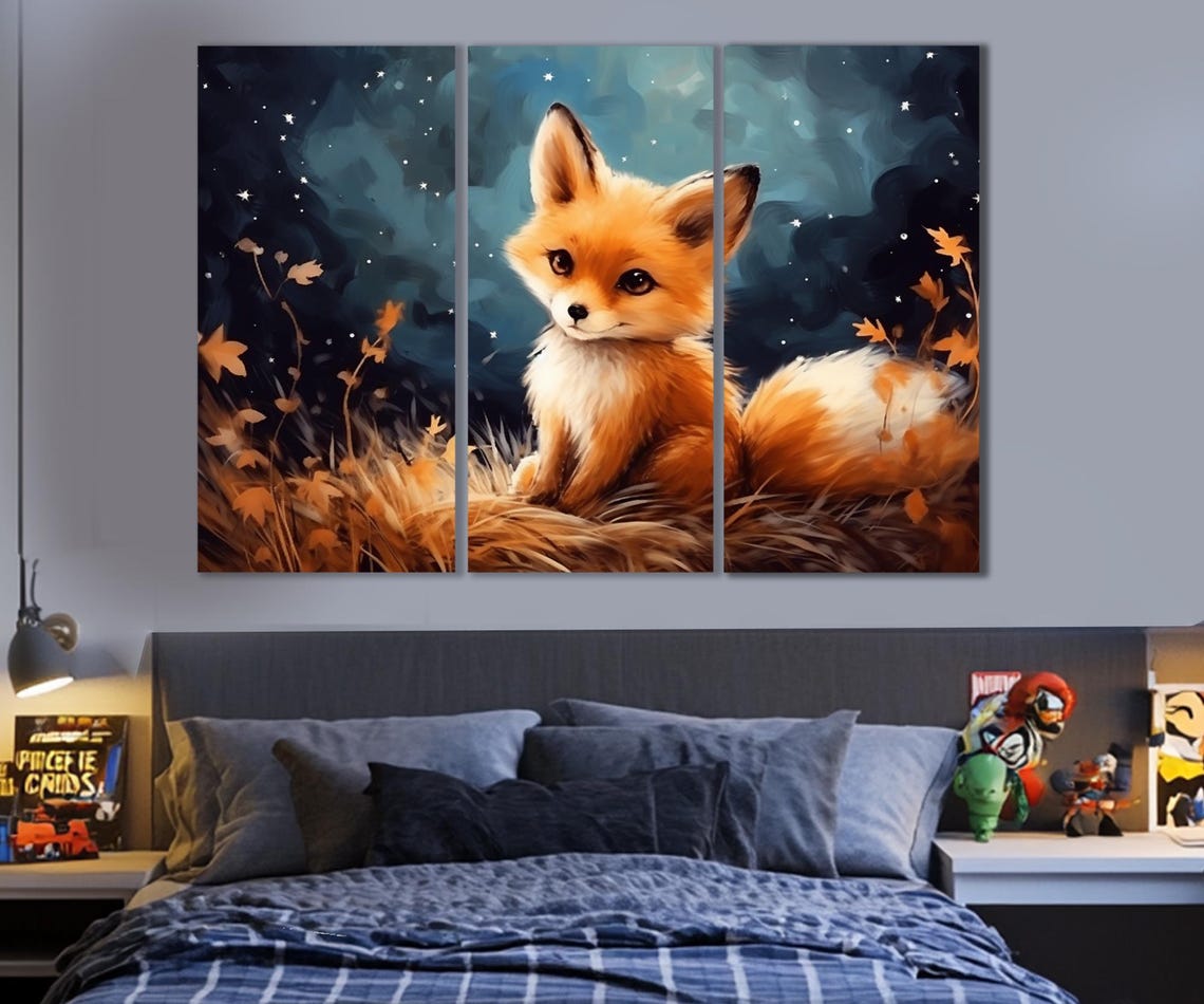 Cute Fox Cub Starry Night Autumn Leaves Nursery Kids Wall Art Print - Image 4