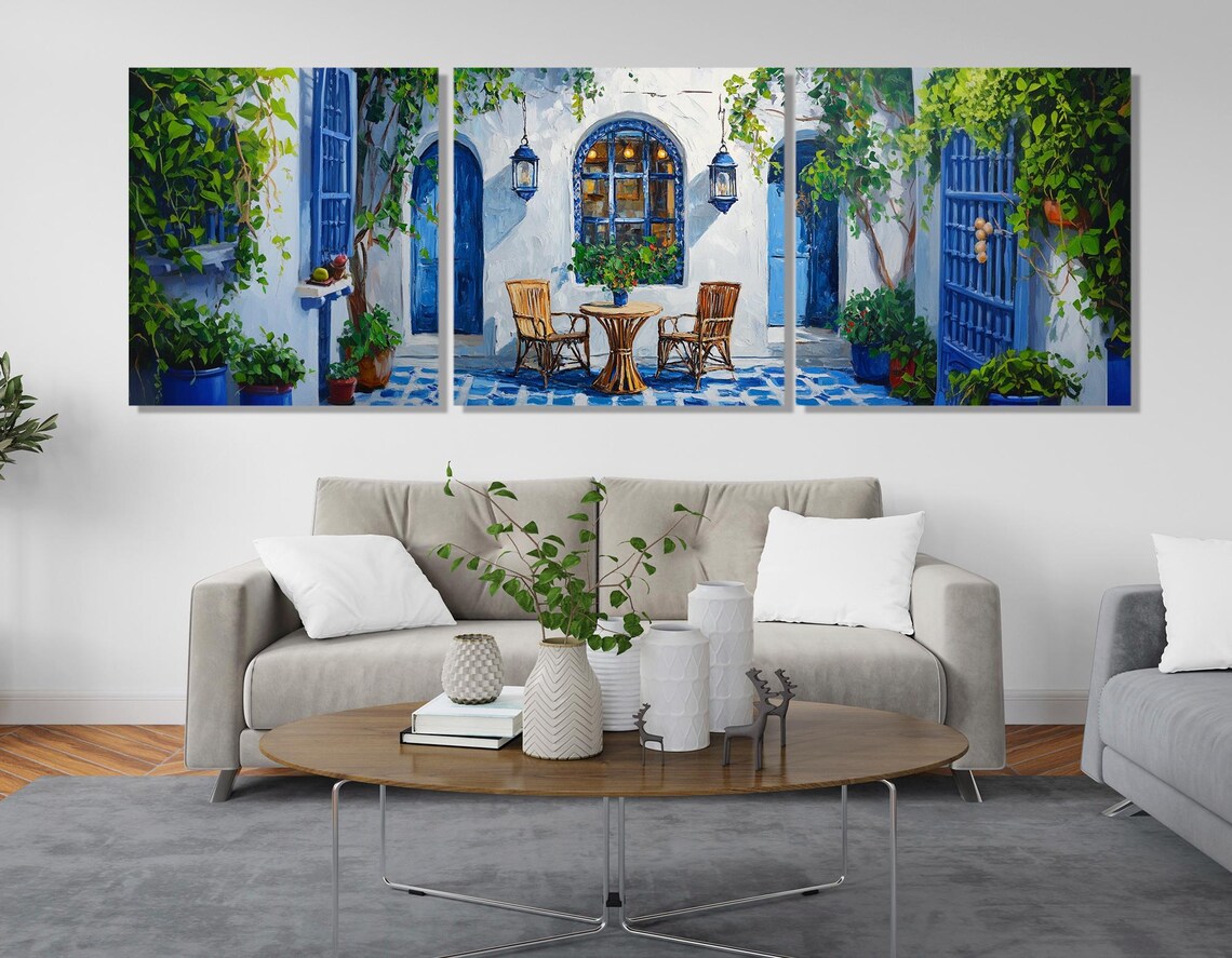 Moroccan Blue Doors Courtyard Cafe White Walls Painting Travel Poster - Image 4