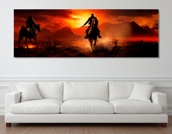 Cowboys In The Desert Abstract Painting Print Large Wild West Print Framed And Ready To Hang