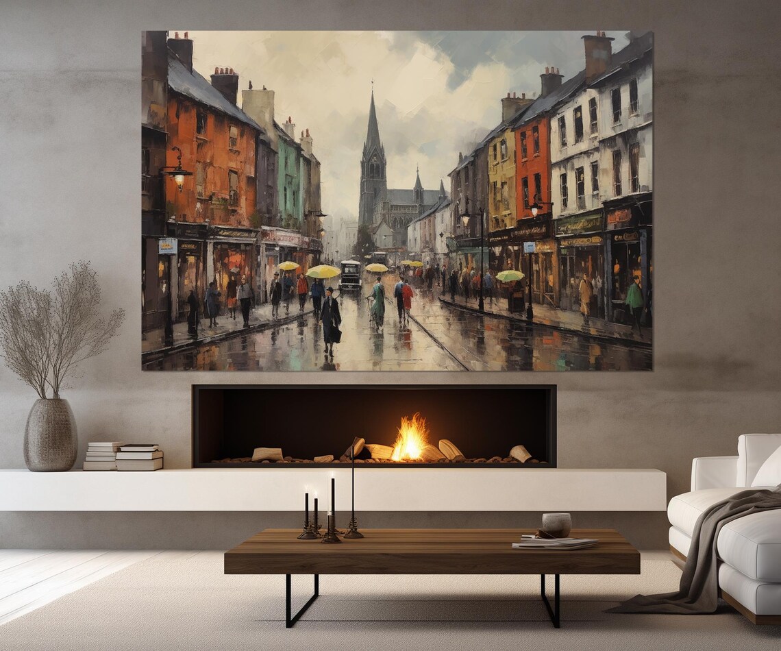 Dublin Ireland Rainy Old Town Street Umbrellas Church Spire Art Poster - Image 2