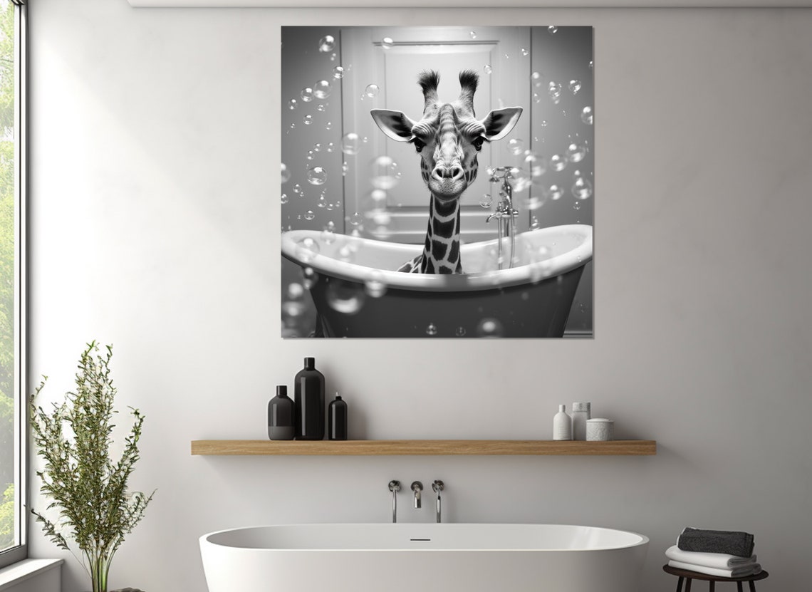 Cute Giraffe in Bathtub Black and White Funny Bathroom Wall Art Poster - Image 2