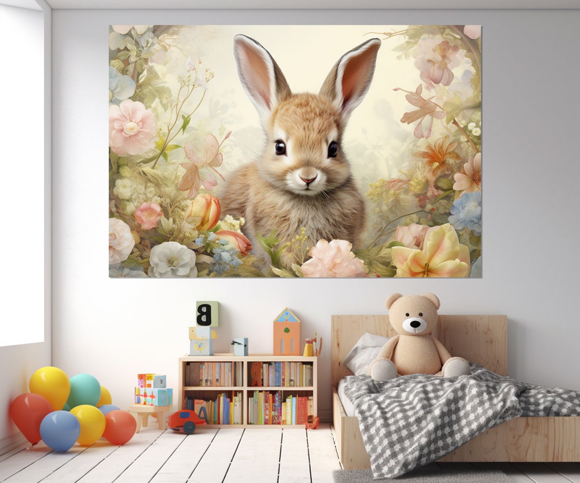Cute Bunny Rabbit Among Spring Flowers Nursery Kids Room Art Poster