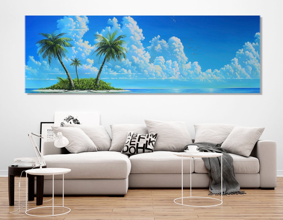 Tropical Desert Island Palm Trees Blue Ocean Panoramic Beach Poster