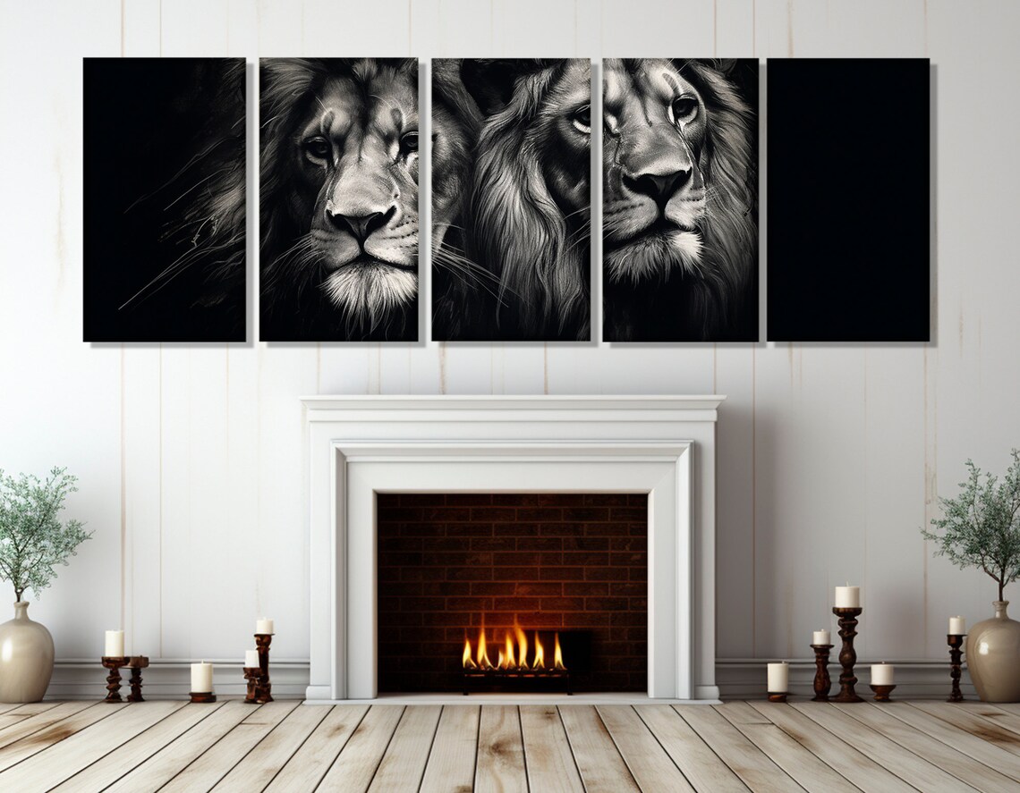 Two Lions Black And White Portrait Majestic Panoramic Wildlife Art Poster - Image 2