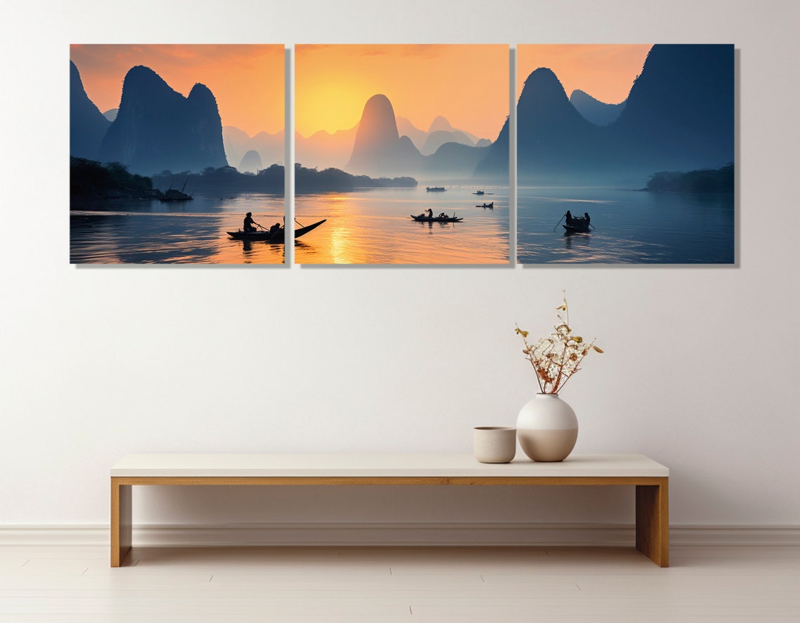 Li River Sunset Karst Mountains Fishermen Boats China Panorama Poster - Image 3