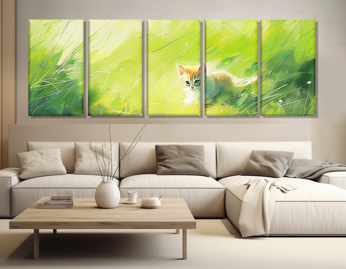Orange Kitten Tall Green Grass Watercolor Nursery Animal Art Poster - Image 2