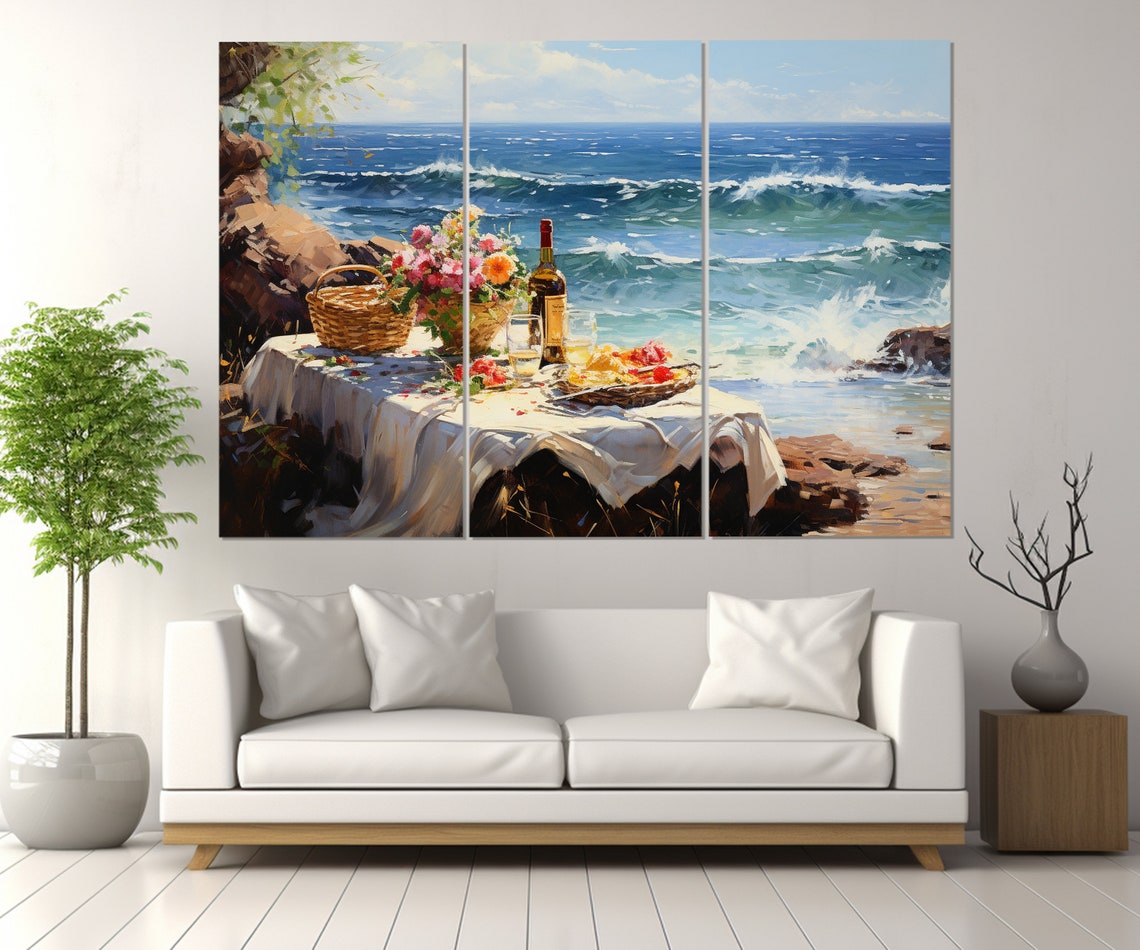 Impressionist Seaside Picnic Wine Flowers Ocean Waves Painting Poster - Image 2