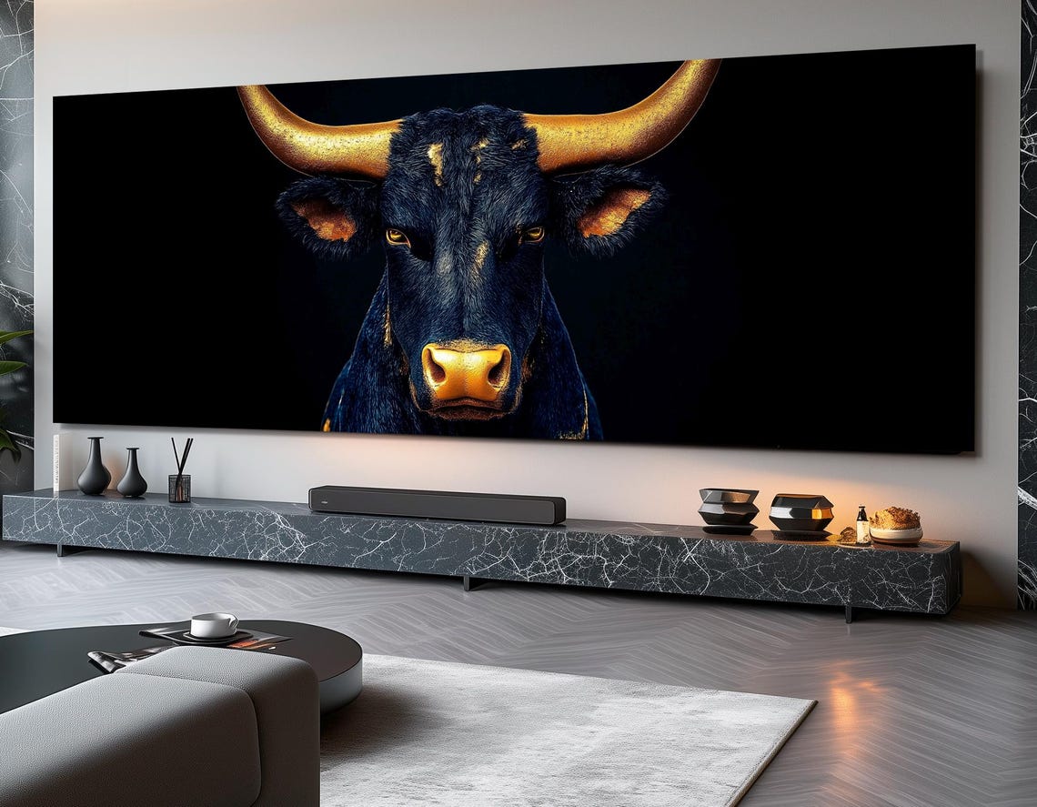 Texas Longhorn Black Bull Golden Horns Dramatic Dark Wall Art Print - Image 2