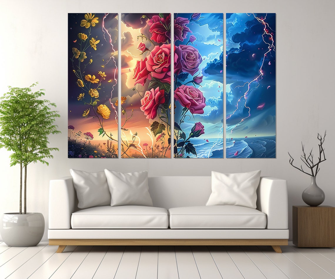 Duality Roses Lightning Sunset Storm Surreal Warm And Cold Wall Art - Image 3