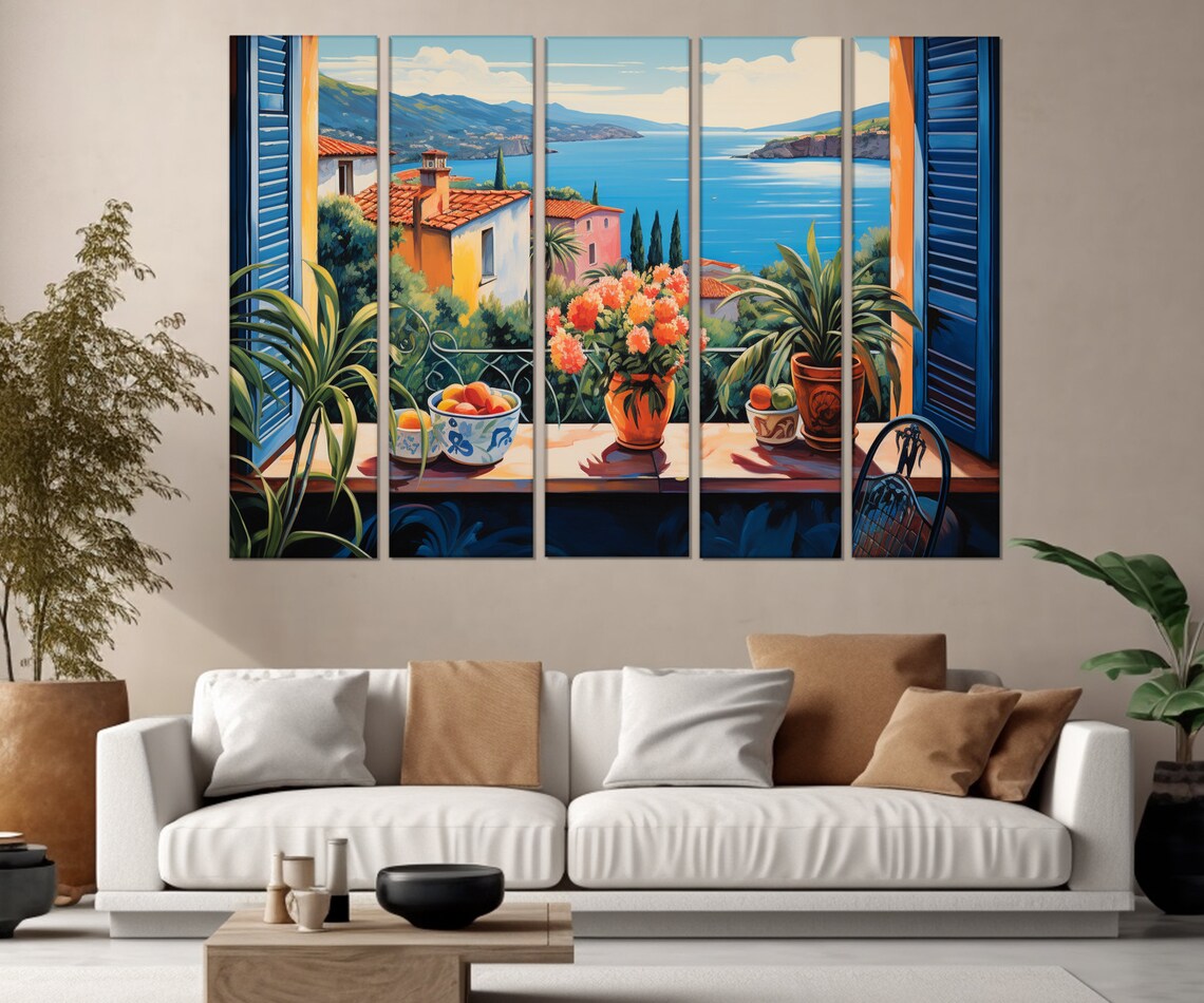 French Riviera Window View Blue Shutters Mediterranean Coast Scene Poster - Image 3