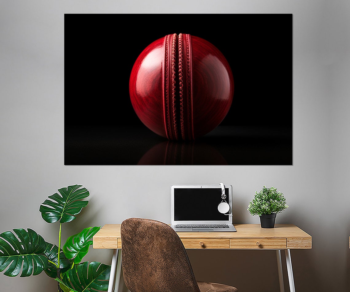 Red Cricket Ball Close Up on Black Dramatic Sports Canvas Wall Art - Image 4