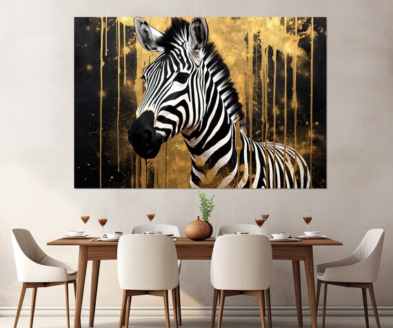 Zebra Portrait Black and Gold Paint Splatter Striking Wildlife Art Poster