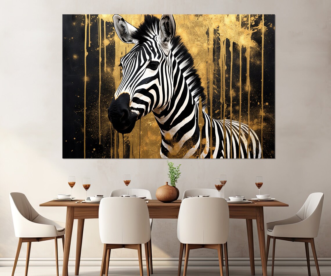 Zebra Portrait Black and Gold Paint Splatter Striking Wildlife Art Poster
