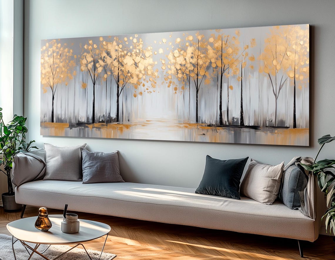Golden Trees Misty Gray Forest Abstract Autumn Panoramic Poster