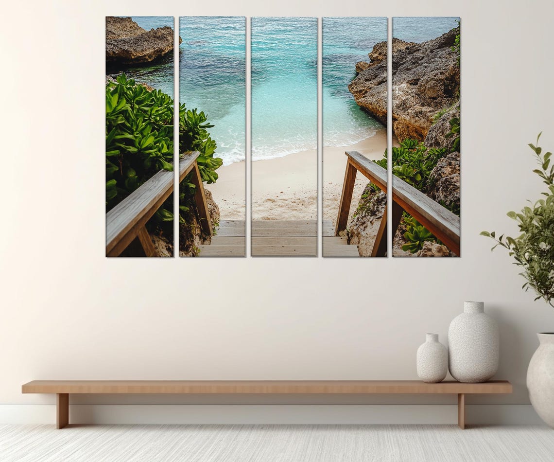 Hidden Tropical Beach Cove Stairway Rocky Shore Turquoise Sea Poster - Image 2